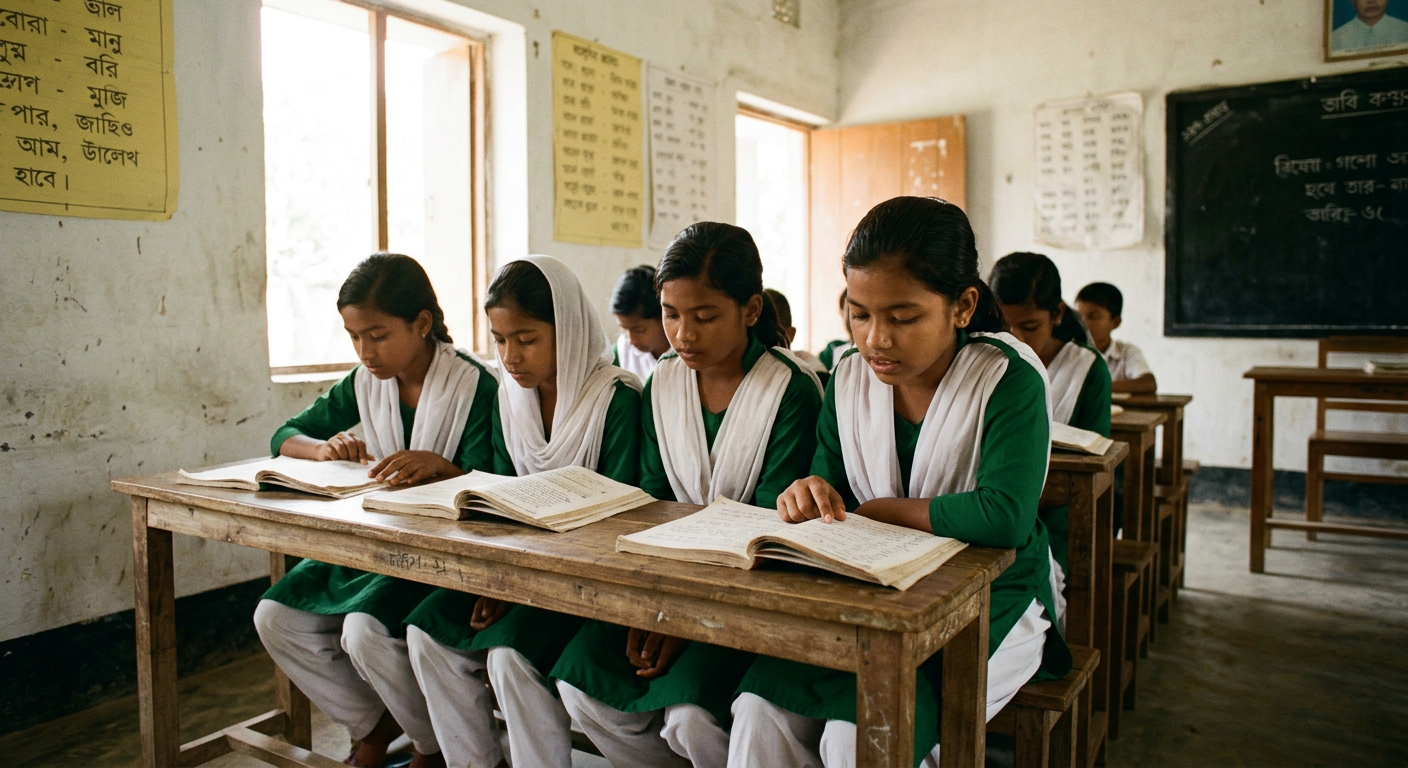 Schoolgirls in uniform reading books in a rural classroom