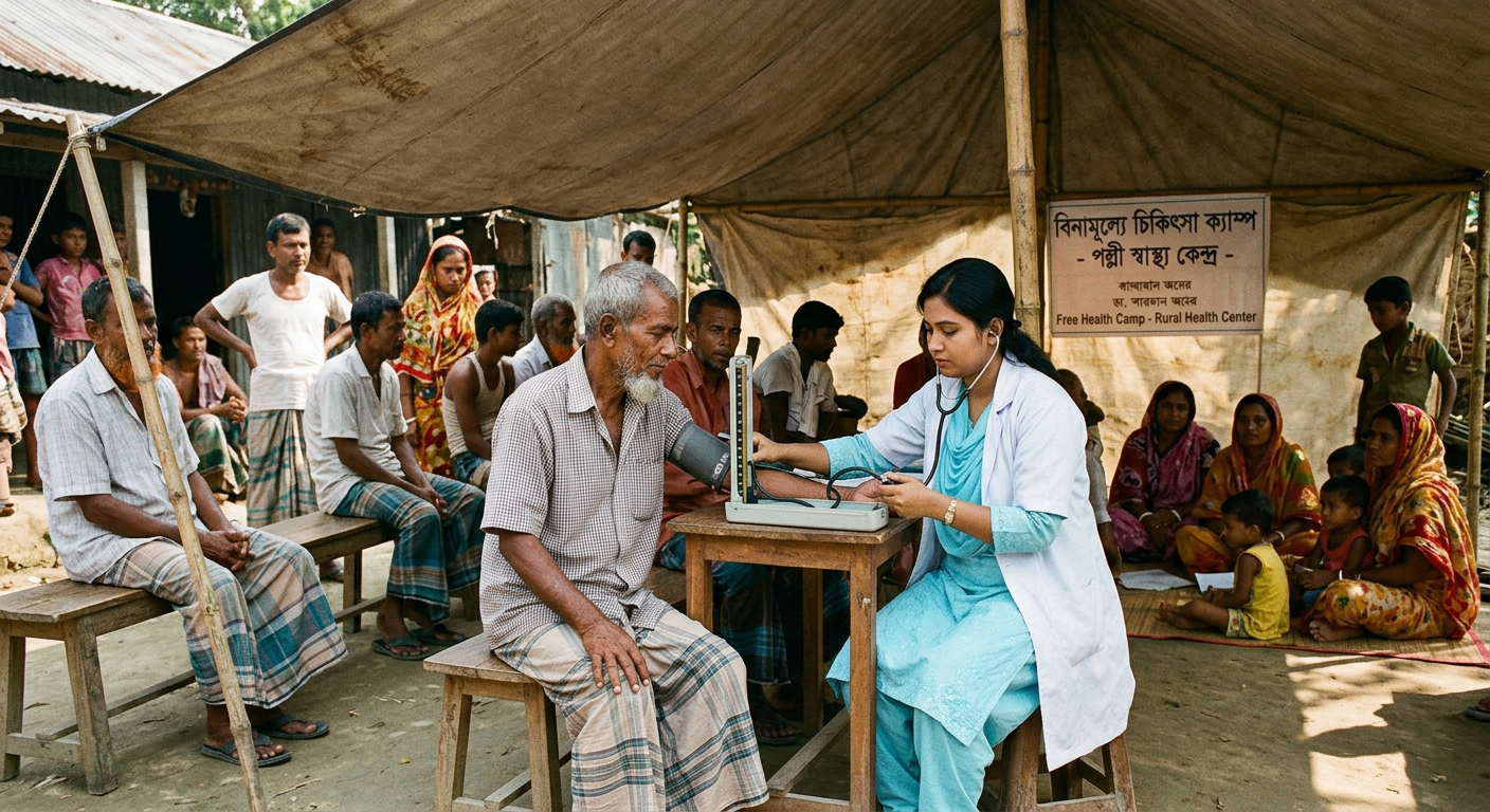 A doctor checking an elderly man's blood pressure at a health camp