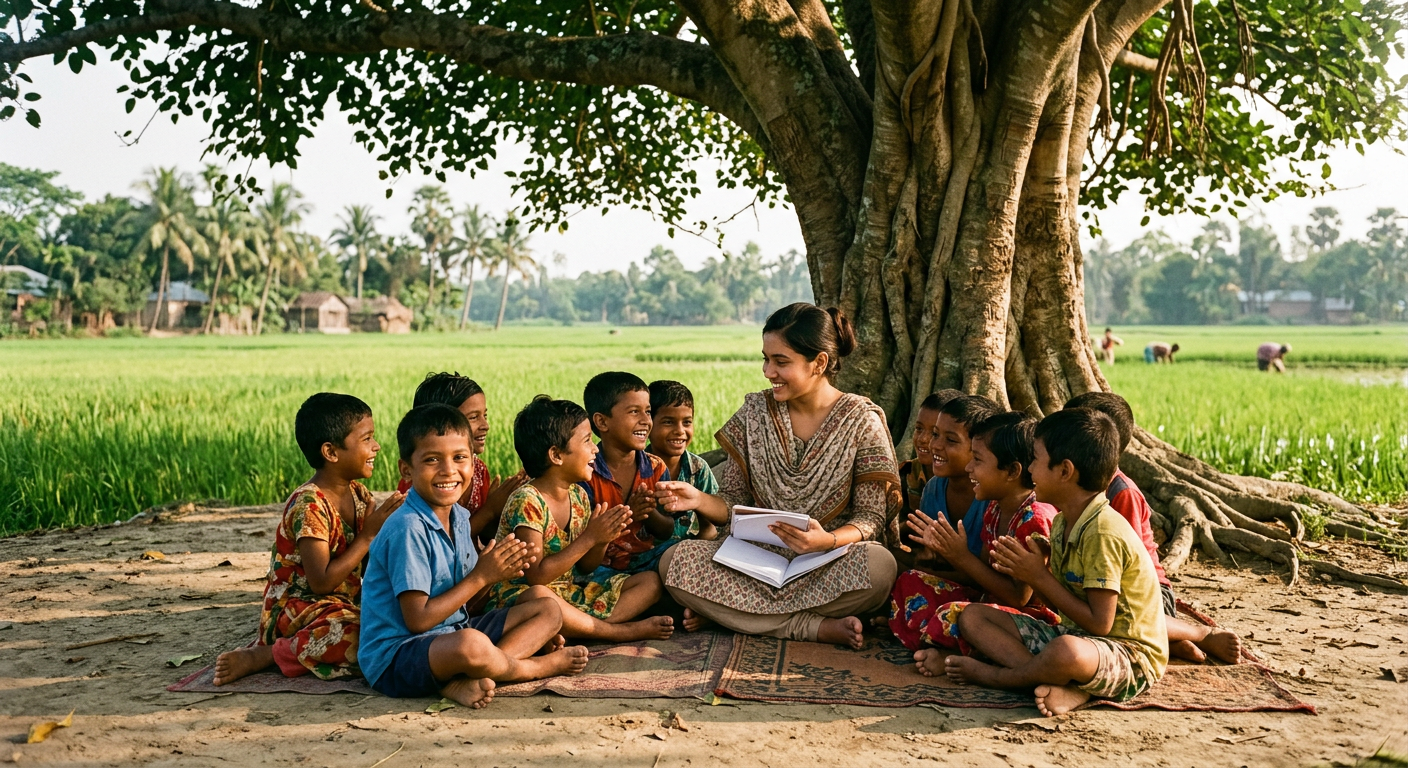 Children and a volunteer teacher gathered under a tree beside rice fields in rural Bangladesh