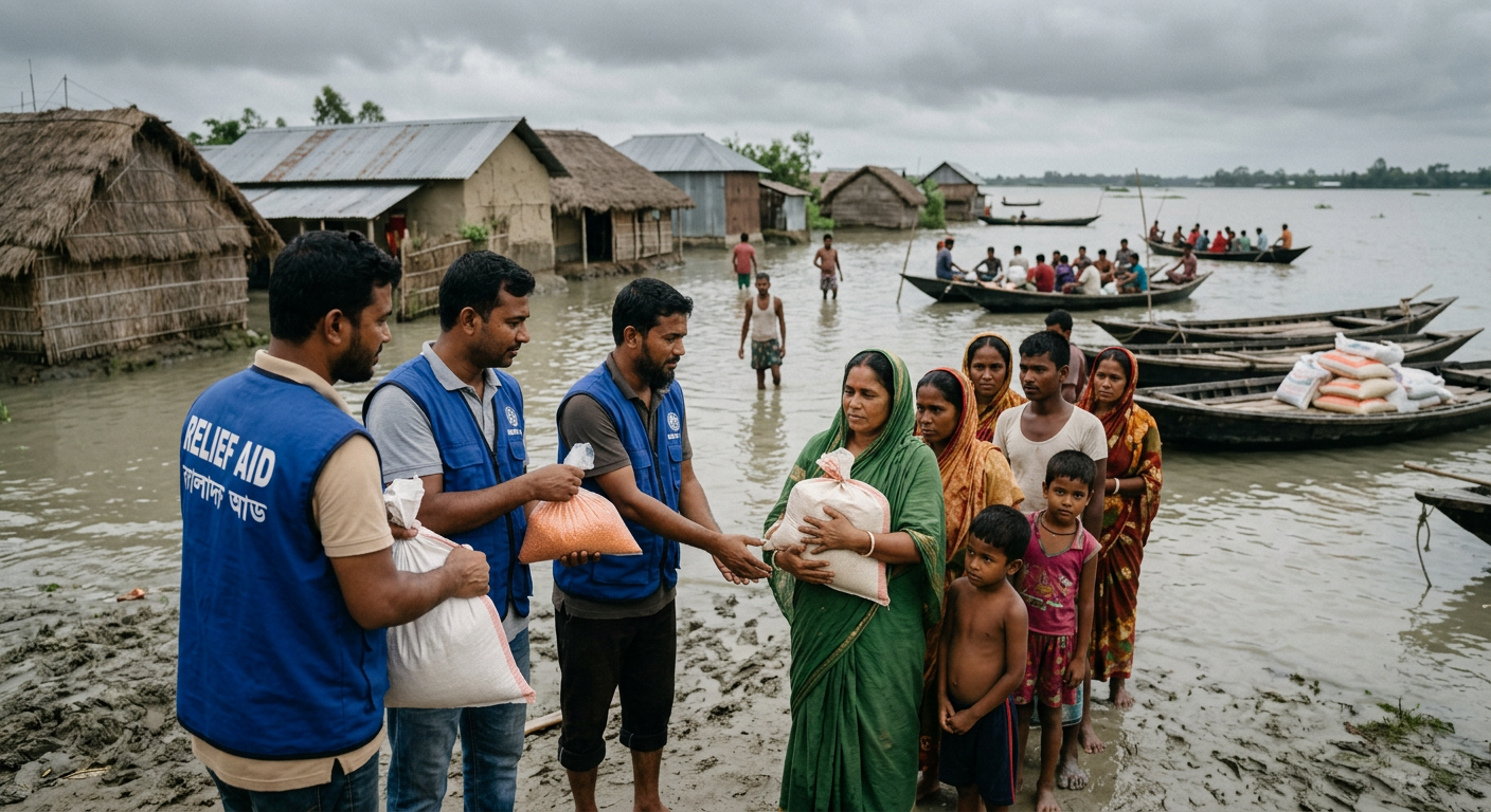 Volunteers handing out food relief bags in a flood-affected village