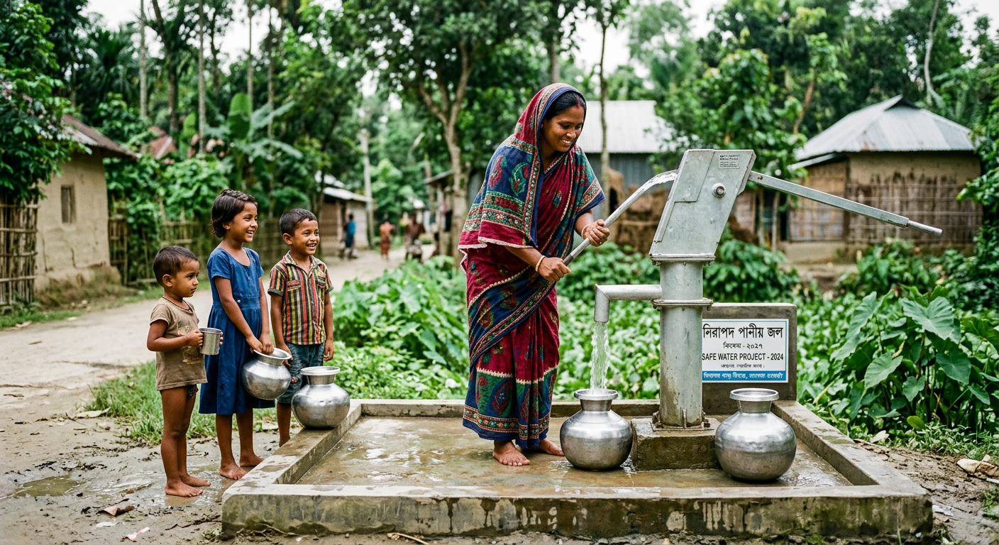 A woman collecting water from a newly installed tube well